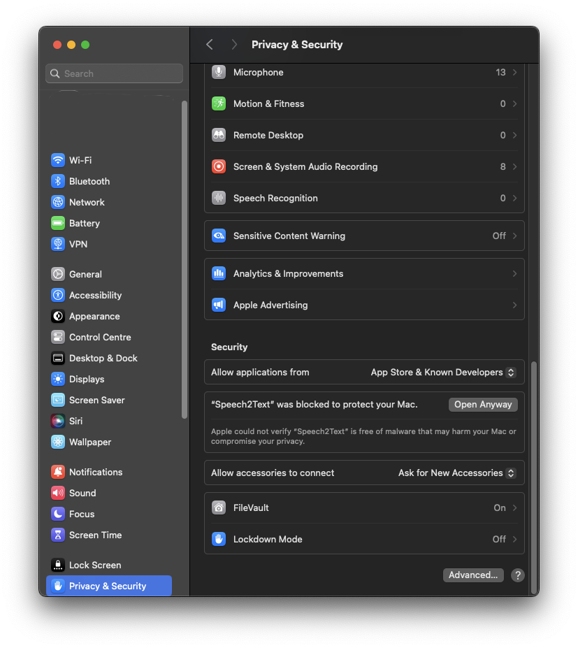 macOS Sequoia Privacy & Security in Settings