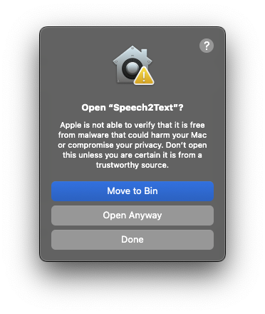 macOS Sequoia security msg 3, Open Speech2Text